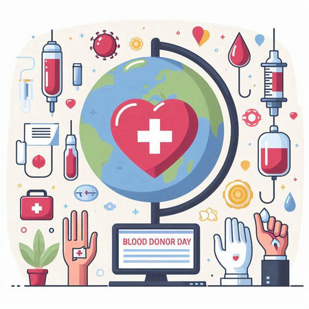 Flat design vector illustration concept of online blood donation, telemedicine and health care.のイラスト素材