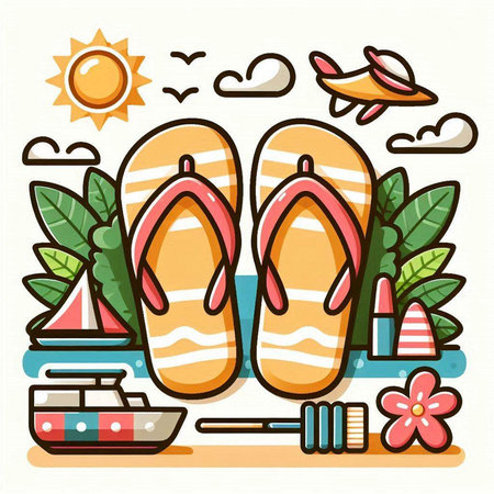 Flip-flops and travel icons set, vector illustration.のイラスト素材