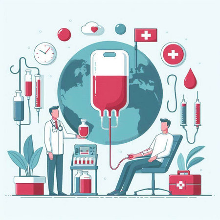 Vector illustration of blood donation in flat design style with medical equipment.のイラスト素材
