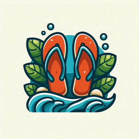 Flip flops icon with sea waves and leaves. Vector illustration.のイラスト素材