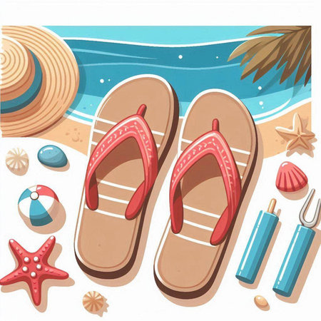 Vector illustration of flip flops and beach accessories on a white backgroundのイラスト素材