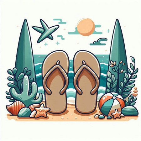 Beach slippers on the sand. Vector illustration in cartoon style.のイラスト素材