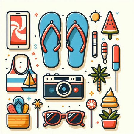Set of summer vacation icons in flat line style. Vector illustration.のイラスト素材