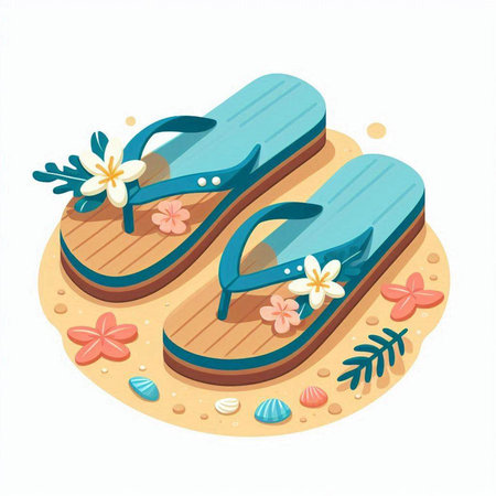 Flip flops on the sand. Vector illustration in cartoon styleのイラスト素材