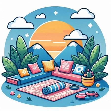 Relaxing at home. Vector illustration of a cozy living room on a sunny day.のイラスト素材