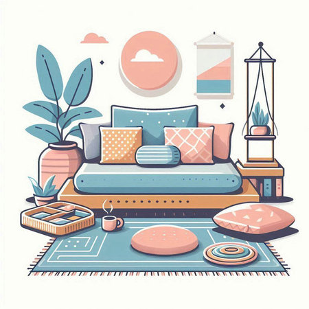 Vector illustration of cozy living room interior with sofa, pillows, bedside table, lamp, carpet, books, plants. Cozy home conceptのイラスト素材