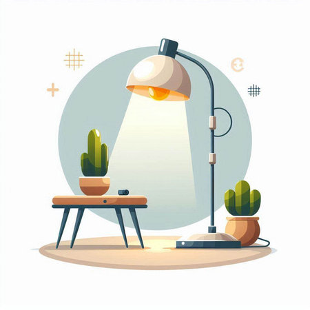 Illustration of a desk lamp and a cactus in a potのイラスト素材