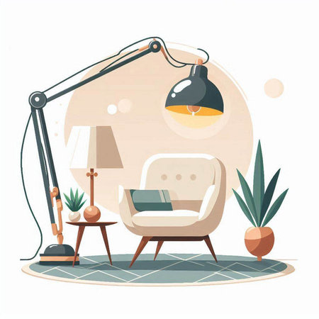 Living room with armchair, lamp and potted plants. Vector illustrationのイラスト素材
