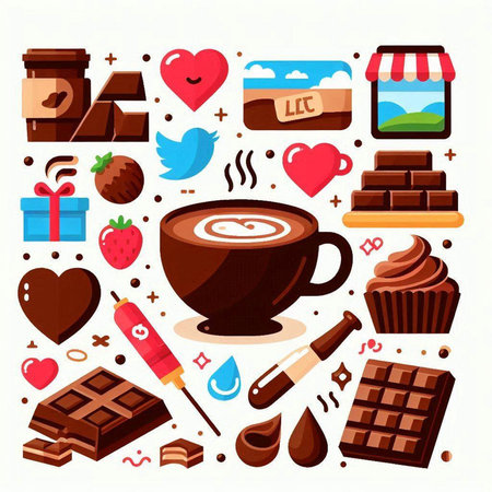 Coffee cup, chocolate bar, heart and sweets. Vector illustration.のイラスト素材