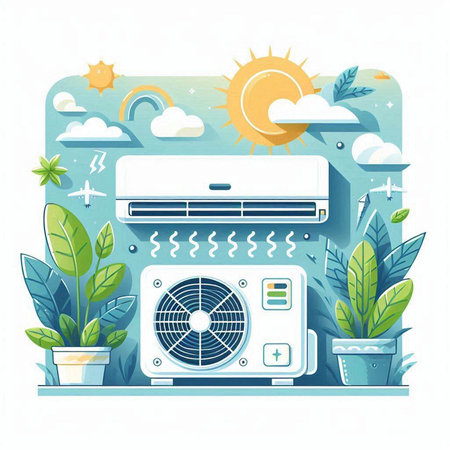 Air conditioner on the background of nature. Flat style vector illustration.のイラスト素材