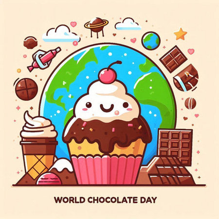 World Chocolate Day card with cute cartoon cupcake character vector illustration.のイラスト素材