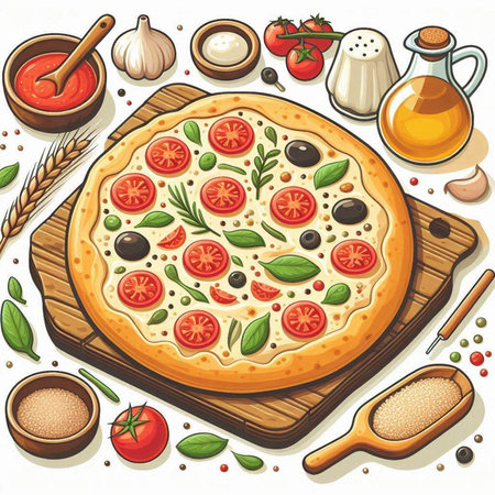 Illustration of a pizza on a cutting board with ingredients for cookingのイラスト素材
