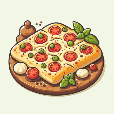 Pizza with tomato, mozzarella and basil. Vector illustrationのイラスト素材