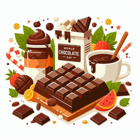 Vector illustration of a chocolate bar, cup of coffee and sweets.のイラスト素材