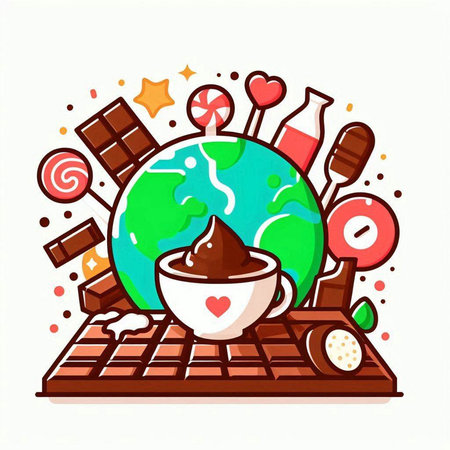 Vector illustration of chocolate bar, cup of coffee and world map.のイラスト素材