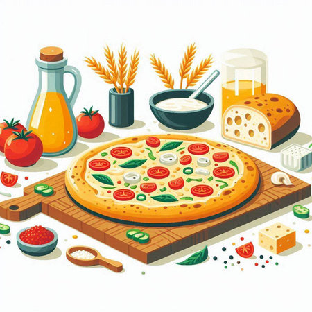 Pizza with ingredients on a wooden board. Vector illustration in cartoon style.のイラスト素材