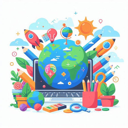 Back to school concept with laptop, globe, rocket, globe, pencils. Vector illustrationのイラスト素材