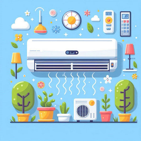Air conditioner system in flat design style. Vector illustration of air conditioner in flat style.のイラスト素材