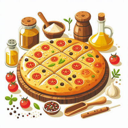 Illustration of pizza with tomato, pepper, spices, olive oil and herbsのイラスト素材