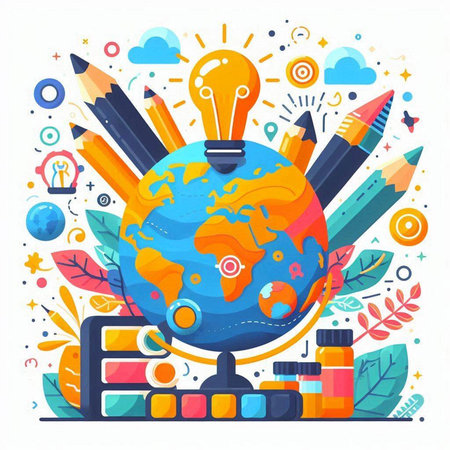 Back to school concept with globe, pencils, light bulb and other supplies. Vector illustrationのイラスト素材