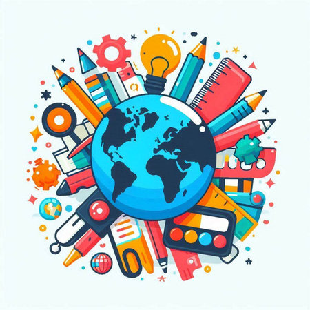 Back to school concept. Vector illustration of globe with school supplies.のイラスト素材