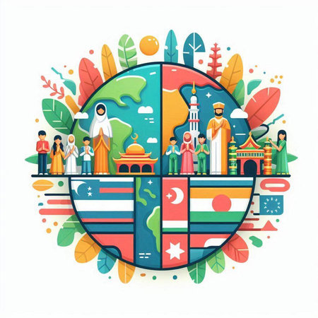 Muslim people around the world. Vector illustration in flat design style.のイラスト素材