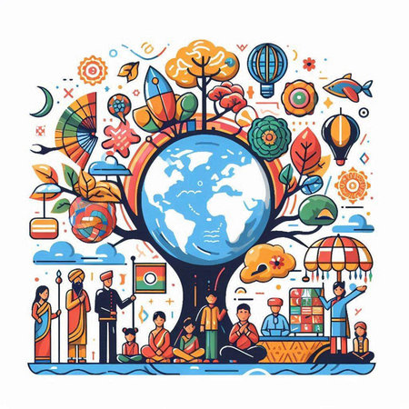 Vector illustration of a big tree with the world and people around.のイラスト素材