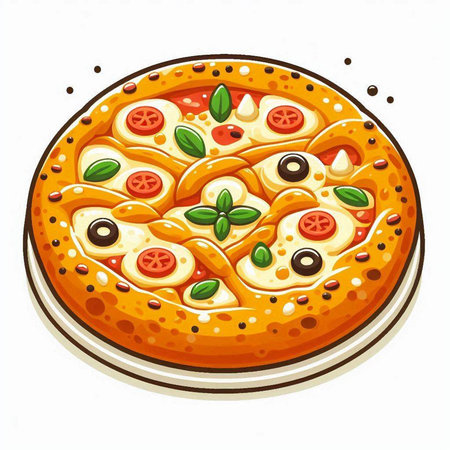 Illustration of pizza with tomato, mozzarella and olivesのイラスト素材