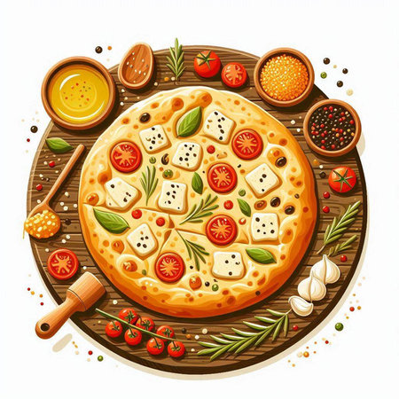 Illustration of a pizza with tomatoes, mozzarella cheese and spicesのイラスト素材