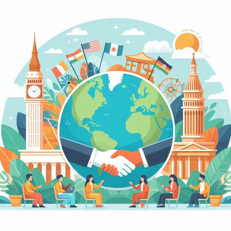 Travel around the world concept. Handshake on the background of the globe. Vector illustrationのイラスト素材