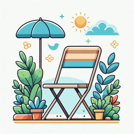Beach chair with umbrella and plants. Vector illustration in flat styleのイラスト素材