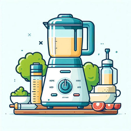 Kitchen blender and ingredients. Vector illustration in line art style.のイラスト素材