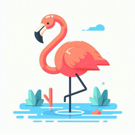 Pink flamingo on the water. Vector illustration in flat style.のイラスト素材