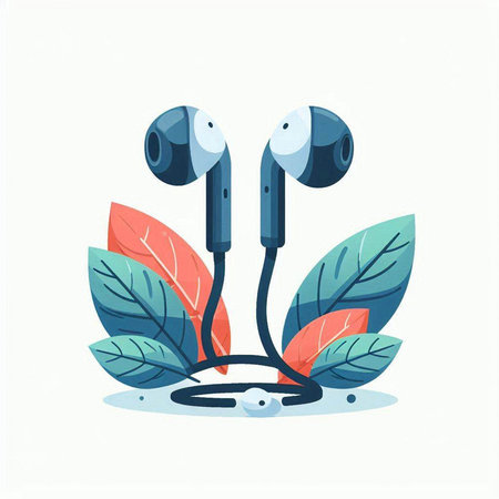 Headphones with leaves on white background. Vector illustration in flat style.のイラスト素材