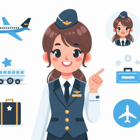 Female flight attendant pointing at airplane and airplane icon. Vector illustration.のイラスト素材