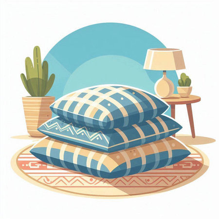 Vector illustration of a set of pillows and a lamp on the carpet.のイラスト素材