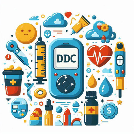 Glucose meter with medical icons around, flat design vector illustrationのイラスト素材