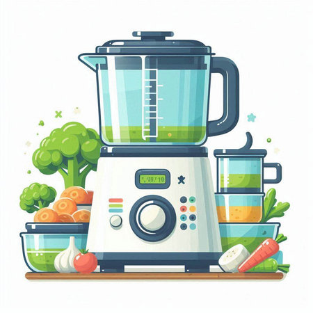 Vector illustration of a blender with vegetables on a white background. Flat style.のイラスト素材