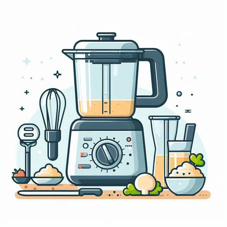 Vector illustration of a blender with ingredients for making smoothies. Flat style.のイラスト素材