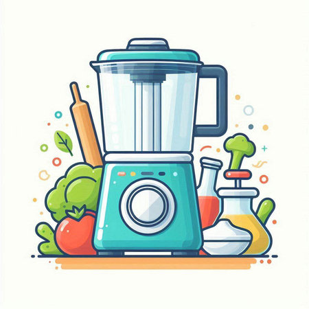 Kitchen appliances. Blender with vegetables and spices. Vector illustration.のイラスト素材
