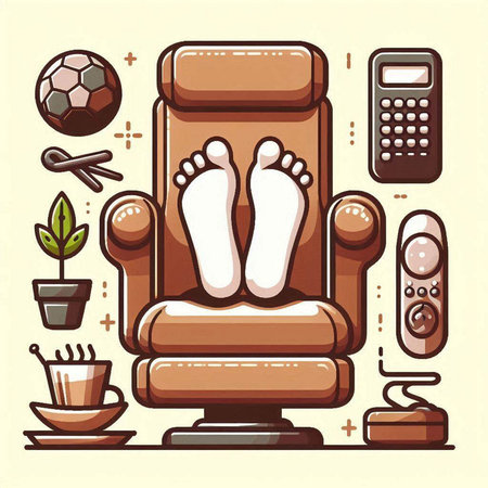 Vector illustration of comfortable armchair with legs and sport equipment in flat styleのイラスト素材