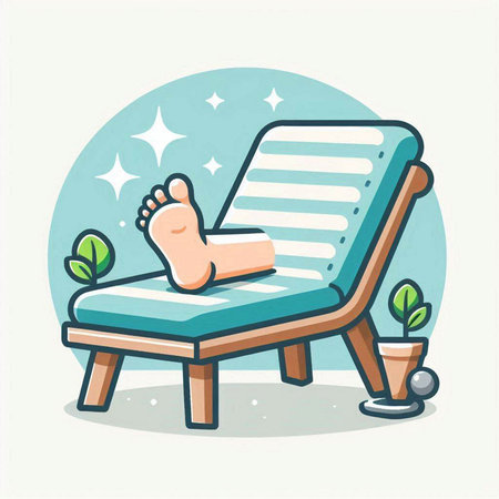 Illustration of a deck chair with feet in the sun. Vector illustrationのイラスト素材