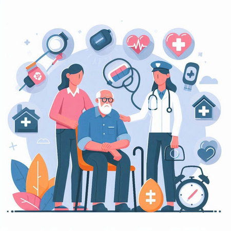 Doctor, nurse and elderly man. Health care concept. Vector illustrationのイラスト素材