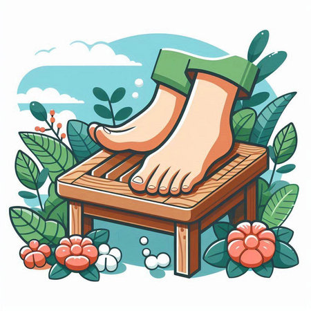 Vector illustration of a human foot on a wooden bench with flowers.のイラスト素材