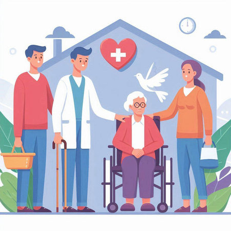 Elderly people in nursing home vector illustration. Cartoon flat doctor and nurse, nurse and patient, elderly woman and man, old man and woman with care and supportのイラスト素材