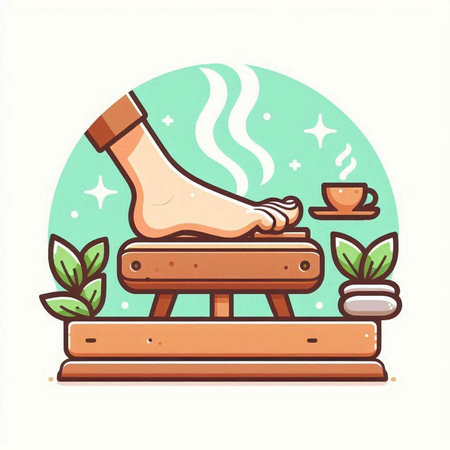 Illustration of a woman's foot on a wooden table with a cup of coffeeのイラスト素材