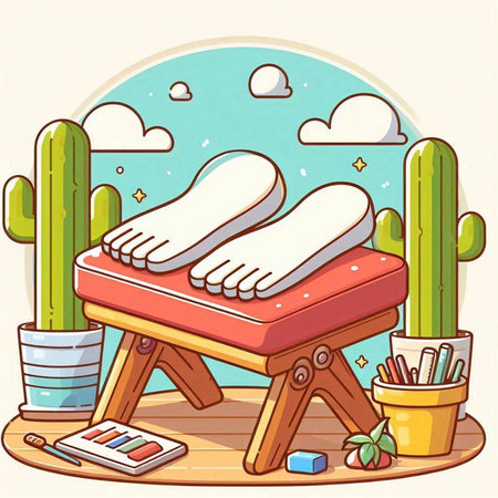 Illustration of a Cactus Composition on a Table with Footwearのイラスト素材