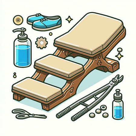Vector illustration of massage table with tools and accessories. Hand drawn vector illustration.のイラスト素材