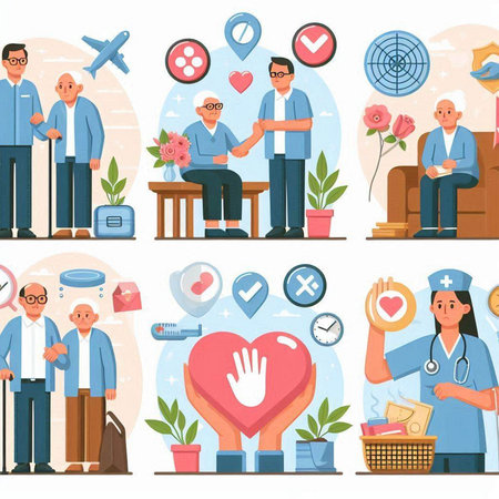 Set of flat vector illustrations of healthcare and medical services. Doctor, nurse, patient, doctor, receptionist, doctor, nurse, patient.のイラスト素材