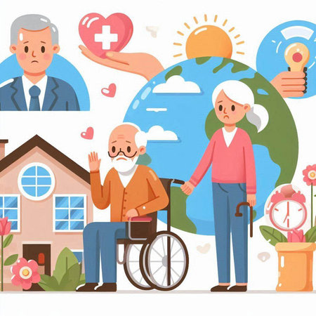 Elderly man in wheelchair and woman in home vector illustration.のイラスト素材